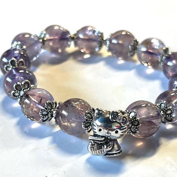 Natural Amethyst Stretchy Bracelet With Hello Kitty Charm Crystal Gemstone - Picture 5 of 6